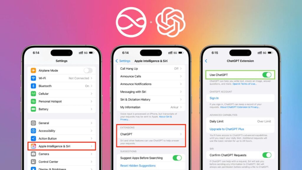 Three smartphone screens display settings, highlighting ChatGPT integration under "Apple Intelligence & Siri." OpenAI and Infinity Loop logos are above, on a colorful gradient background.