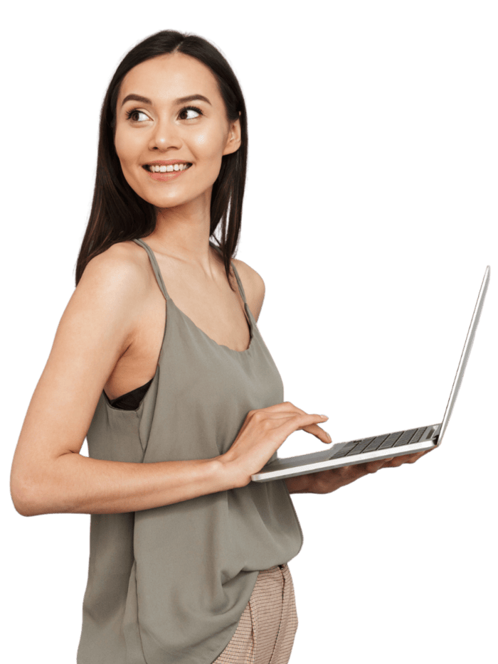 Woman with a laptop representing Lav1 web design services in Los Angeles