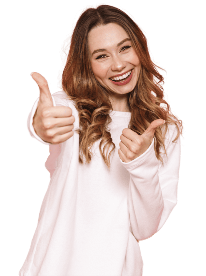 A smiling person with long hair gives a thumbs-up gesture while wearing a light-colored top, set against a plain black background.