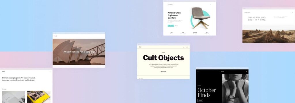 The image showcases six website layouts on a gradient background, including the Sydney Opera House, with various text and design elements.