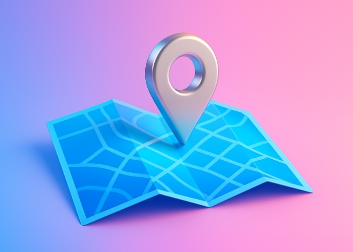Map with 3D location pin icon on a blue and pink gradient background, depicting local SEO in Los Angeles, California.