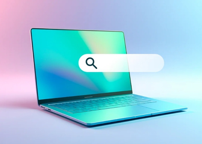 Laptop with search icon on screen, colorful background, representing organic SEO services in Los Angeles.