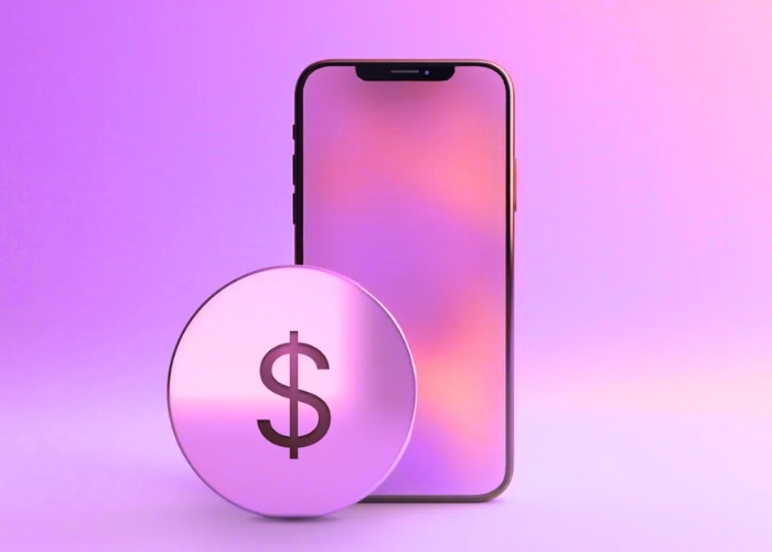 Smartphone and dollar symbol in a vibrant pink setting for paid ads PPC concept in Los Angeles, California.