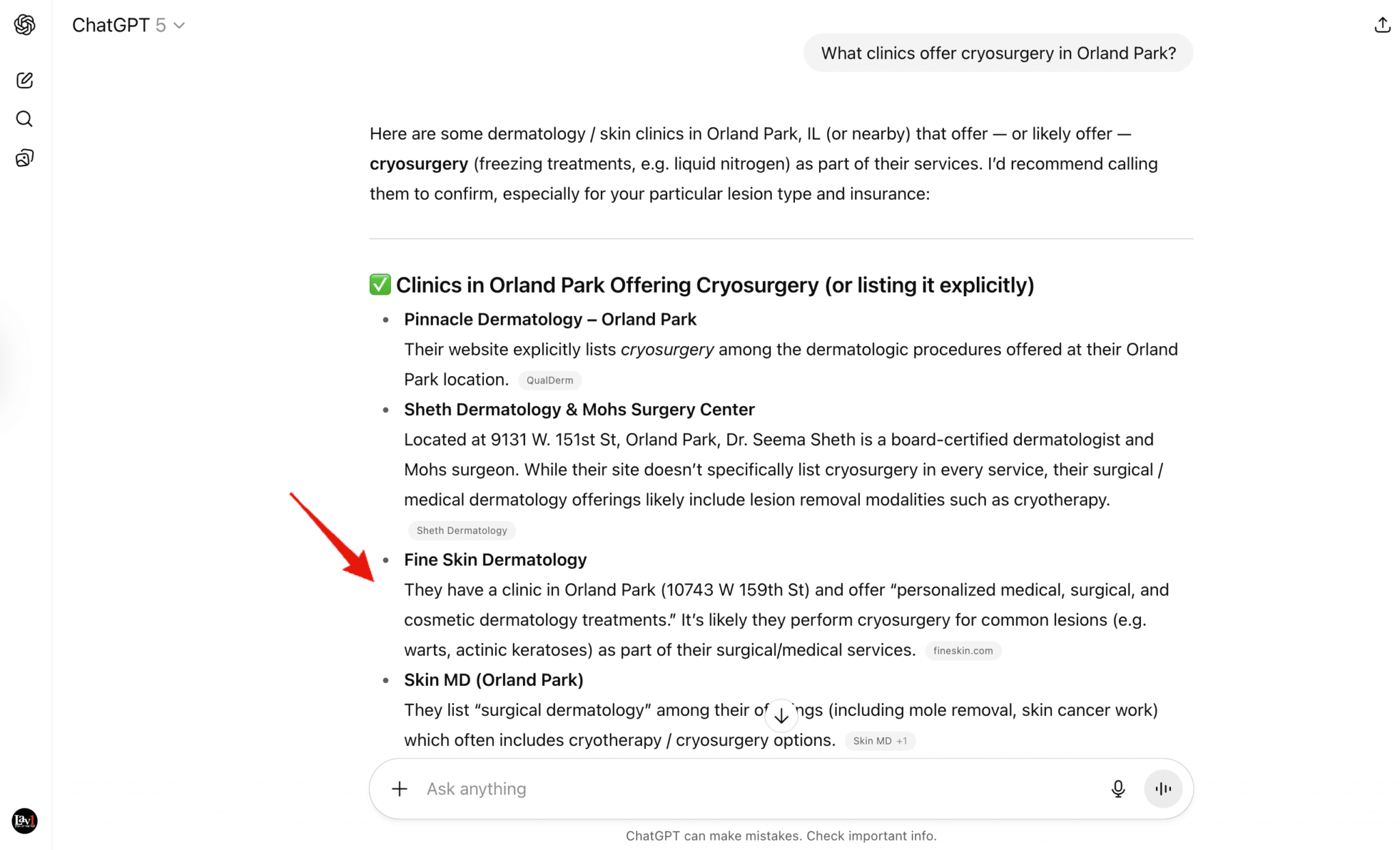 Screenshot showing dermatology recommended by ChatGPT