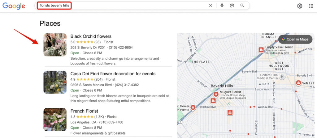 Search results for florists in Beverly Hills, showing a map and listings with names, ratings, and addresses. The screen indicates map location details.