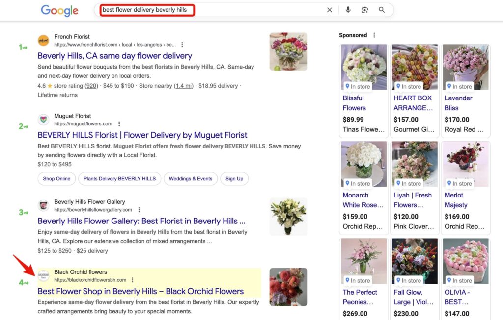Google search results for "best flower delivery Beverly Hills" with sponsored ads, product images, and multiple florist listings.