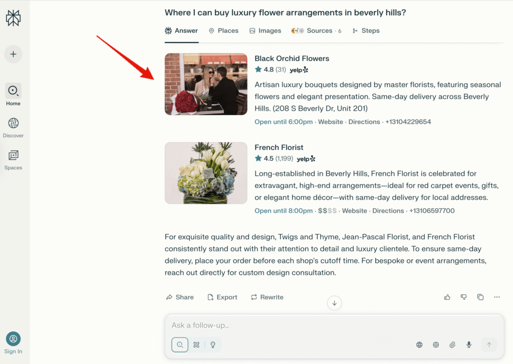 A Perplexity screenshot listing our client among the top Beverly Hills flower shops, including details on specialties and addresses. Screenshot is taken 09/24/2025