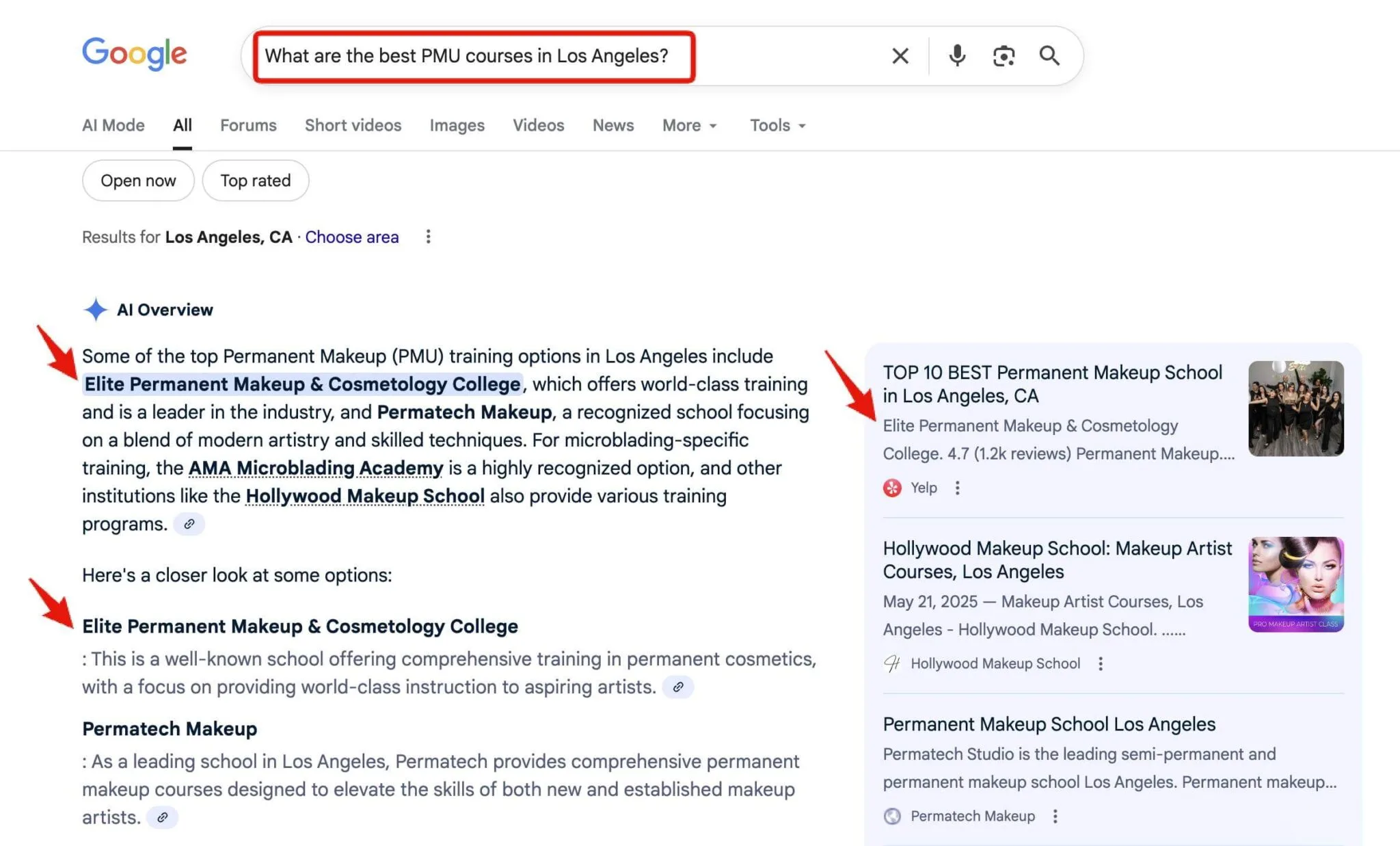 Screenshot showing PMU School ranking in Google and Google AI Overview recommendation