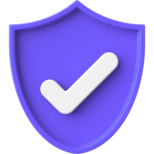 An image of a purple shield with a white checkmark centered on a black background, representing security or approval. No landmarks or buildings.