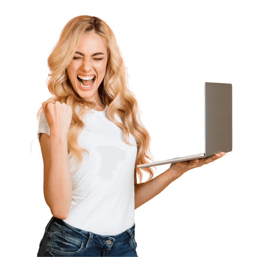 A person joyfully holds a laptop, wearing a white t-shirt with a map outline. The background is plain black.