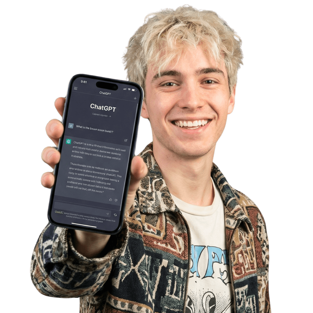 A person with blonde hair holds a smartphone displaying a ChatGPT conversation, smiling at the camera. They're wearing a patterned jacket.