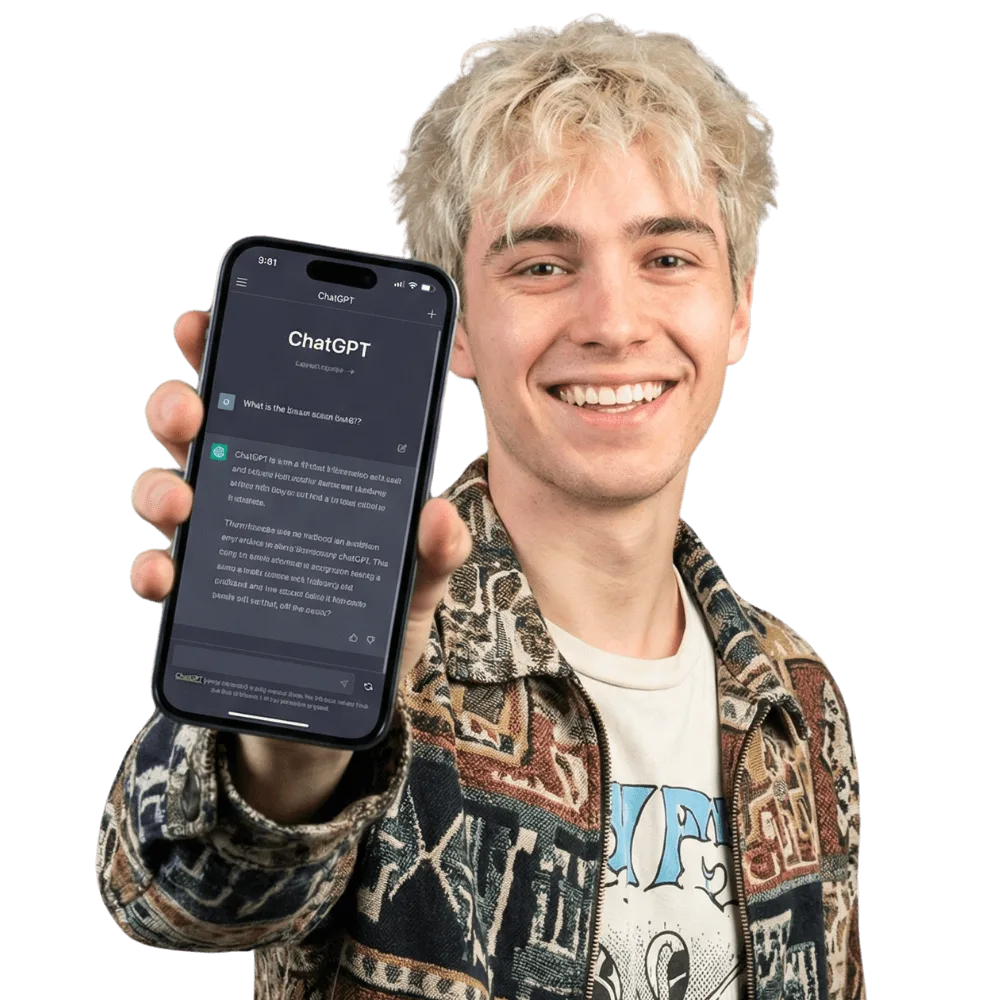 A person with blonde hair holds a smartphone displaying a ChatGPT conversation, smiling at the camera. They're wearing a patterned jacket.