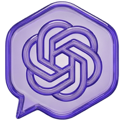 A purple ChatGPT 3D logo featuring an intertwined, abstract geometric design inside a speech bubble, set against a black background.