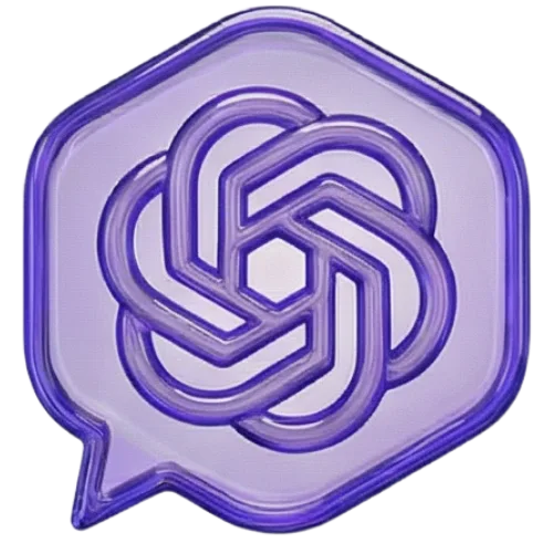 A purple ChatGPT 3D logo featuring an intertwined, abstract geometric design inside a speech bubble, set against a black background.