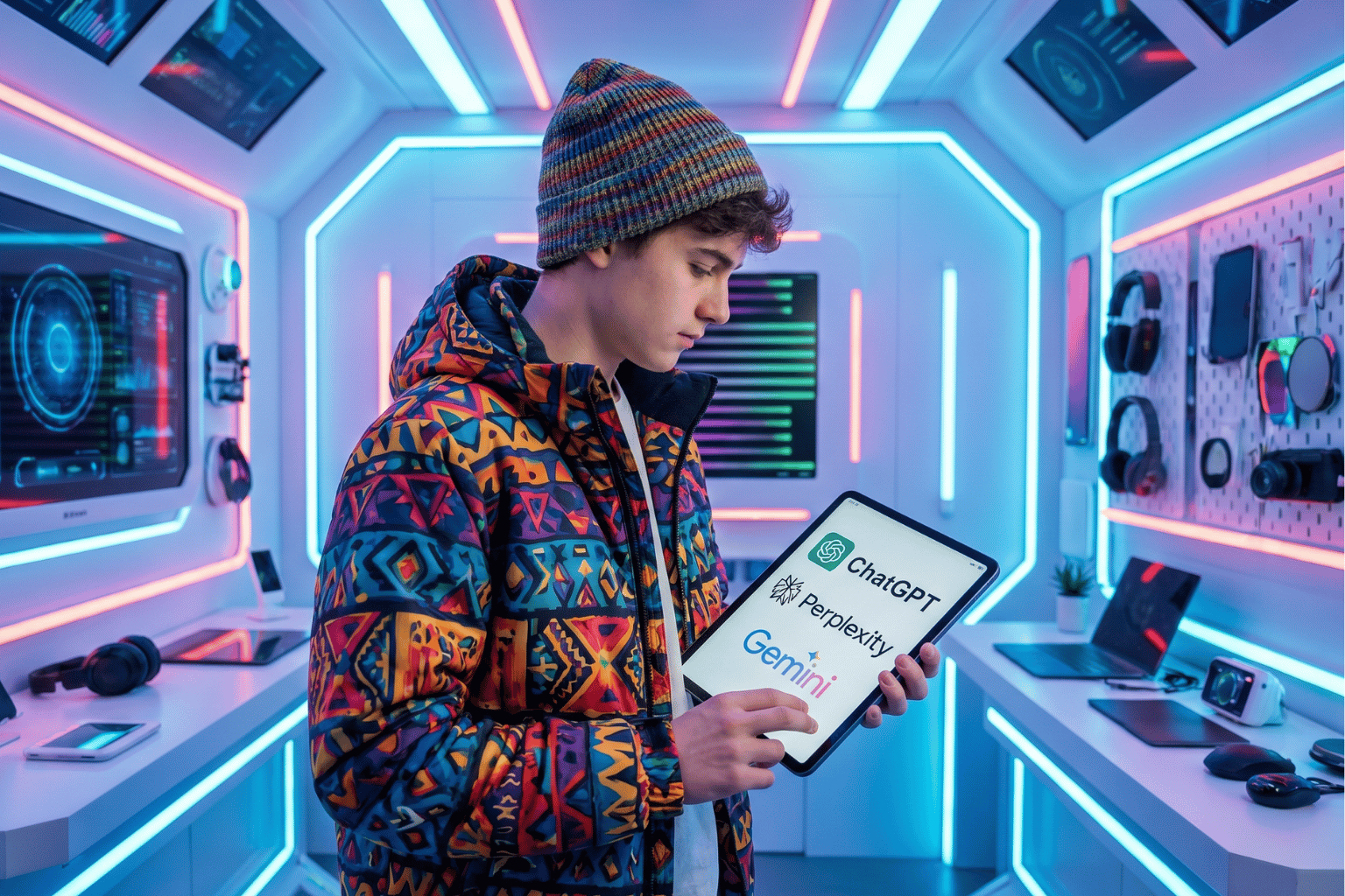 A person in a colorful patterned jacket and a beanie stands in a neon-lit futuristic room, holding a sign.