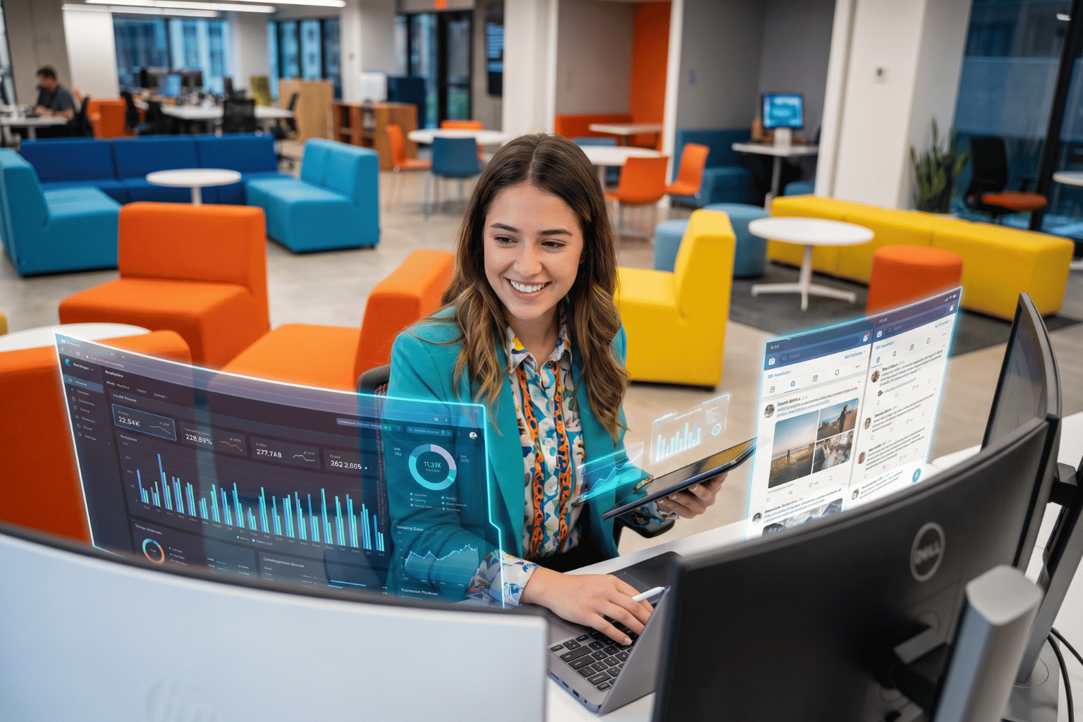 Smiling woman in a teal blazer sits at a desk with two monitors displaying charts in a bright, modern office with colorful orange, blue, and yellow seating.
