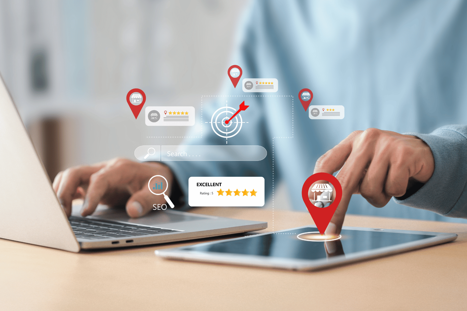 A person uses a laptop and a tablet on a desk with floating location pins and a delivery target icon.