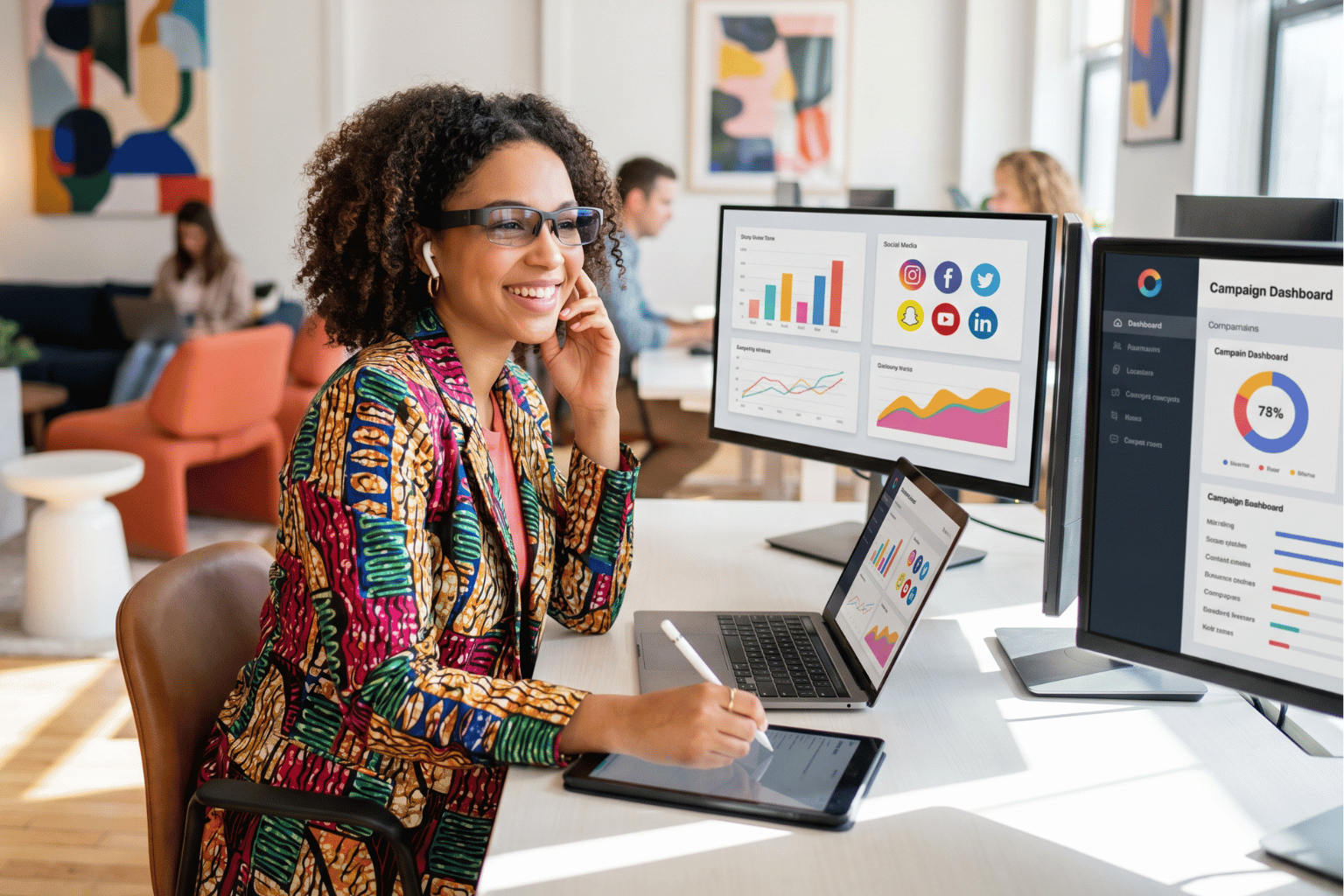 A woman with curly hair in a colorful patterned outfit sits at a desk with a laptop and several monitors displaying charts in a bright office.