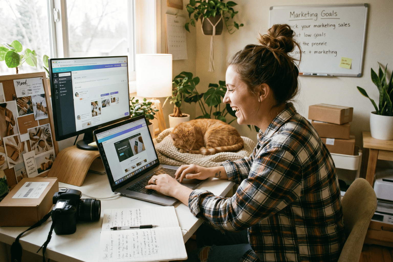 A woman in a plaid shirt sits at a home office desk with two laptops, a camera, papers, and plants, smiling.