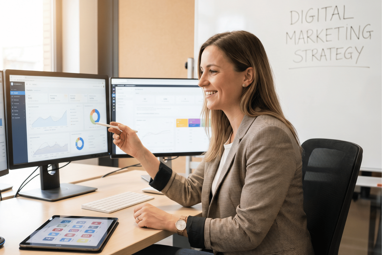 Woman in a blazer sits at a desk with multiple monitors displaying charts, pointing at the screen, with a whiteboard reading “Digital Marketing Strategy” in the background.