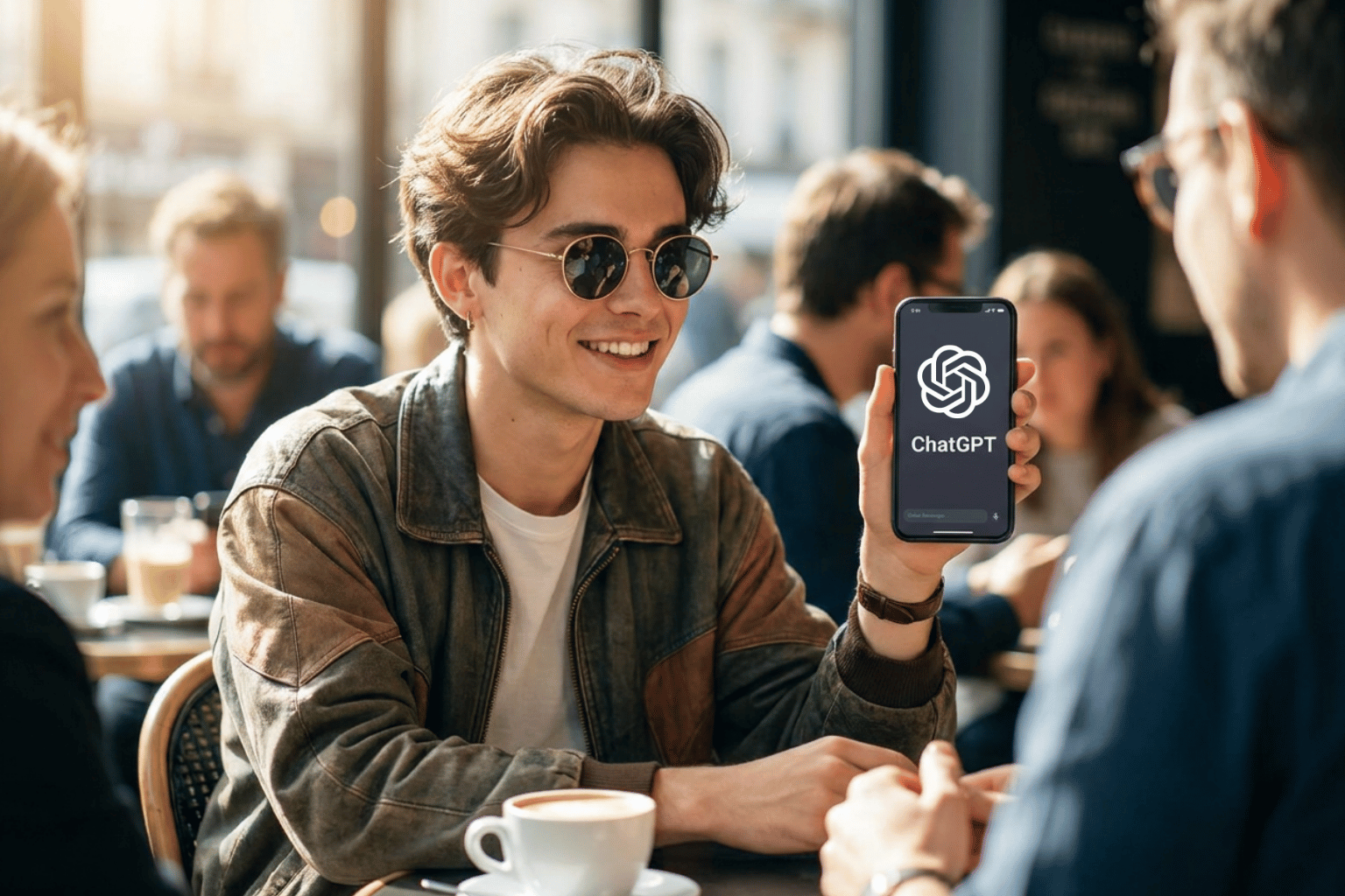 A smiling man wearing sunglasses and a brown jacket sits at a cafe table, showing a phone displaying the ChatGPT logo to a group.