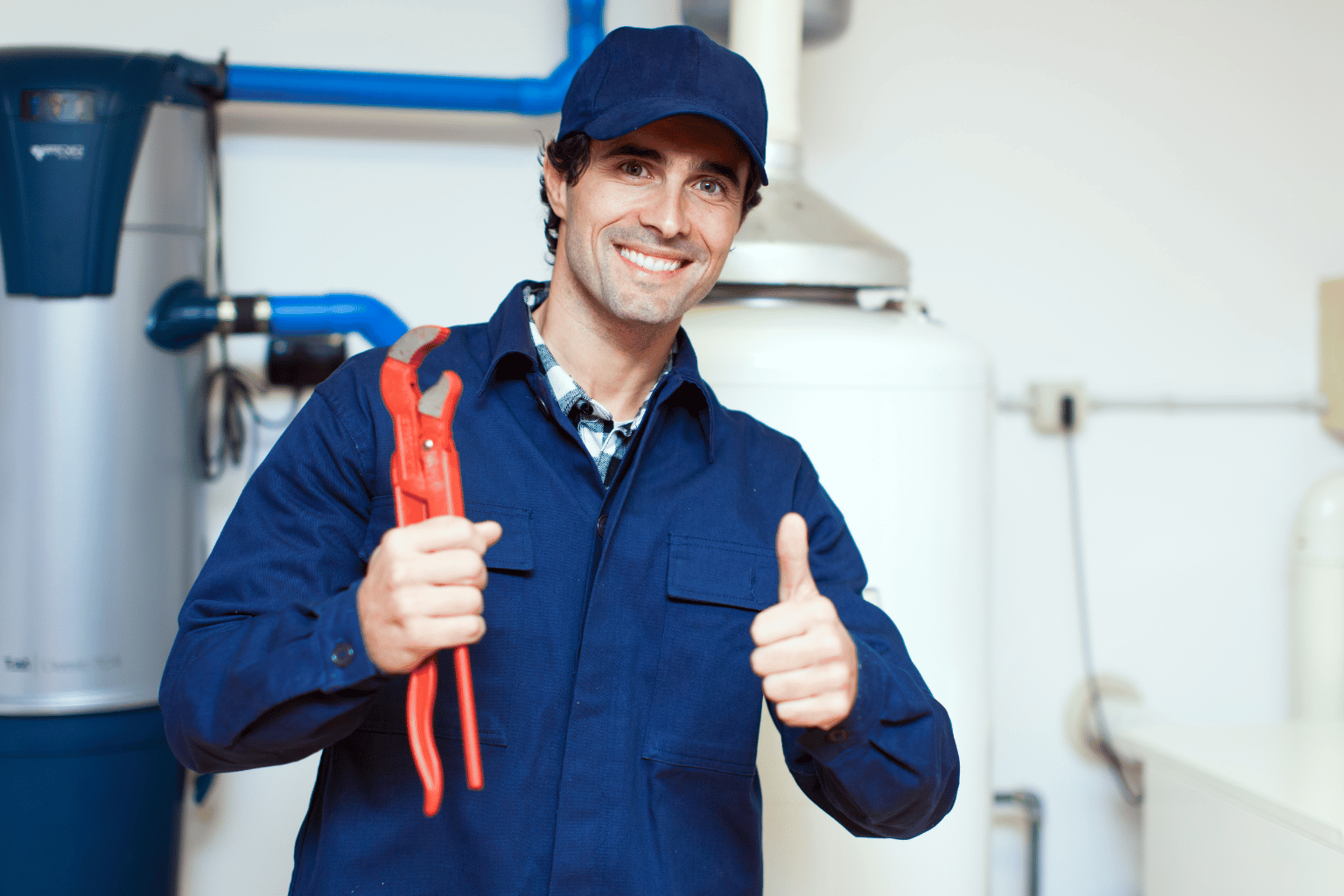 Smiling technician in a blue uniform and cap gives a thumbs-up while holding red pliers in a workshop.