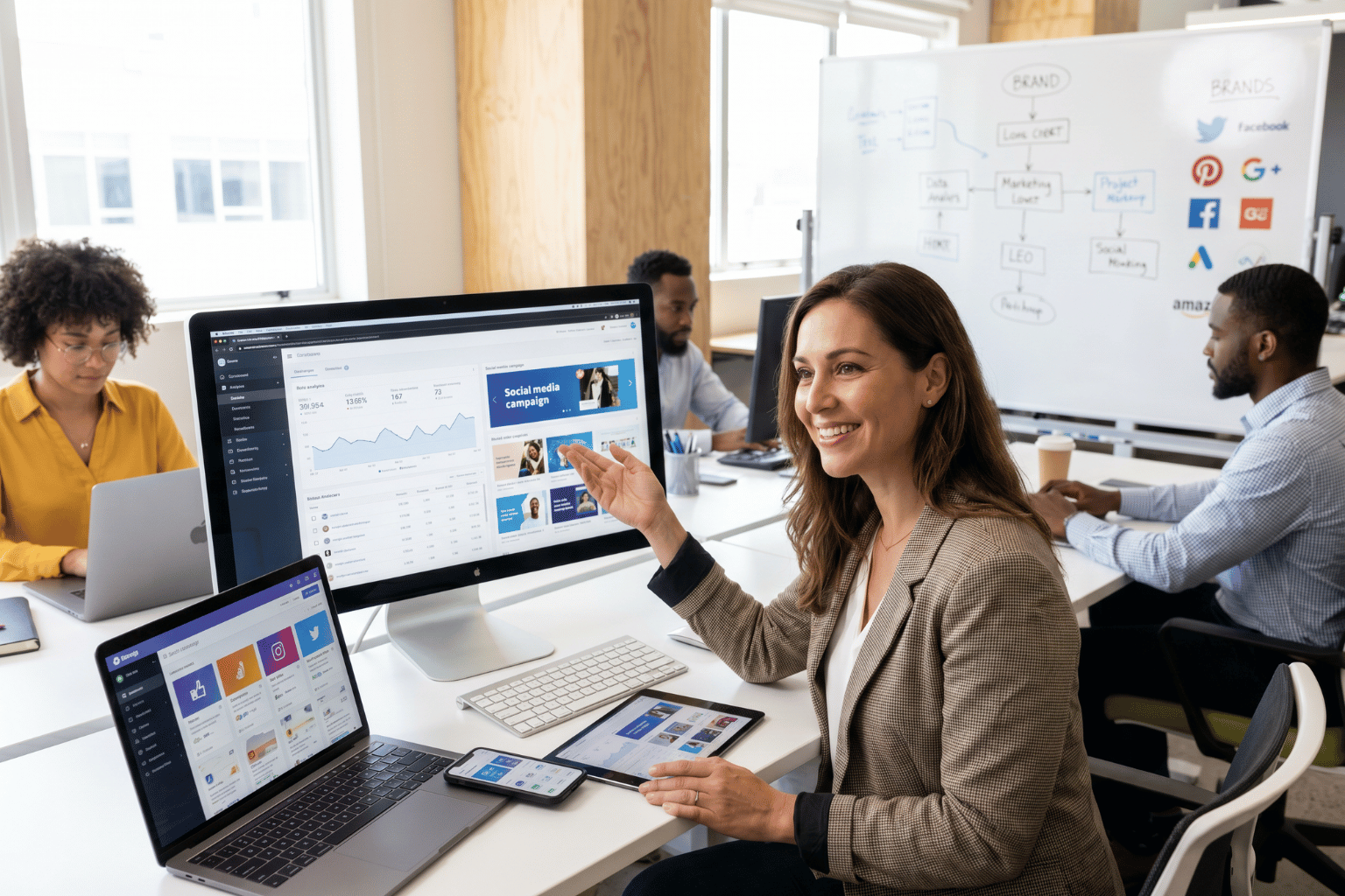 Smiling woman seated at a desk with a computer and tablet in a modern office, while colleagues work on laptops in the background.