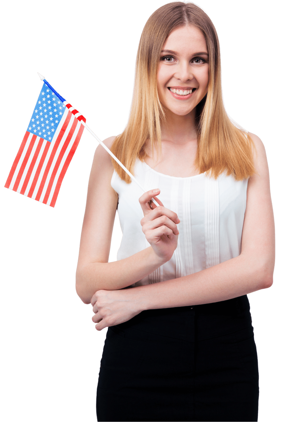 Smiling woman in a white top and black skirt holding a small American flag.