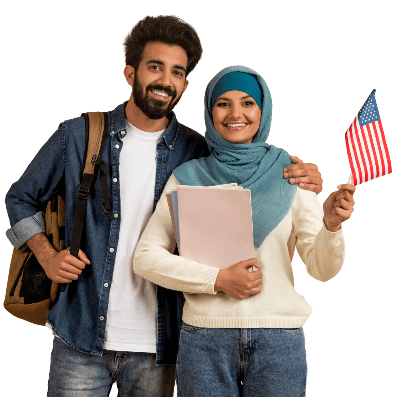 A smiling man with a backpack stands beside a smiling woman wearing a turquoise hijab who holds notebooks and an American flag.