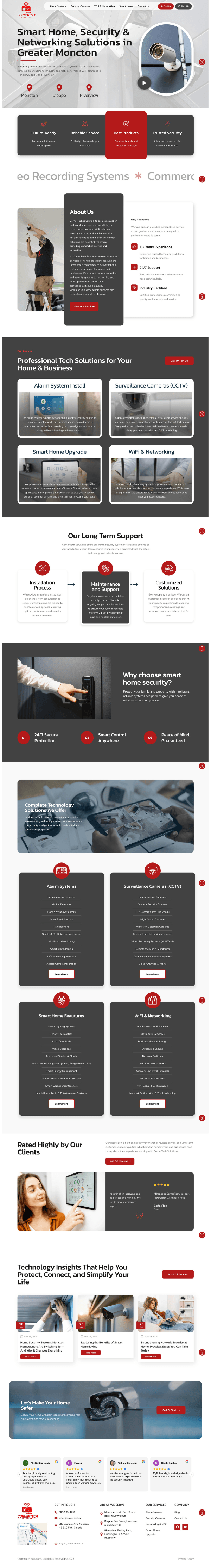 Multi-section product landing page with dark app screenshots, feature blocks, and red circular icons.